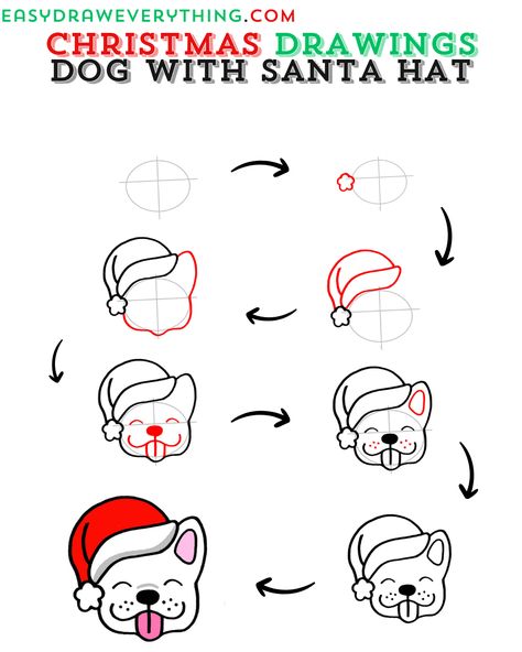 Cute dog with Santa hat Santa Hat Nails, Christmas Drawing Ideas, Easy Christmas Drawings, Minecraft Drawings, Fruits Drawing, Easy Drawing Tutorial, Easy To Draw, Christmas Doodles, Drawing Book