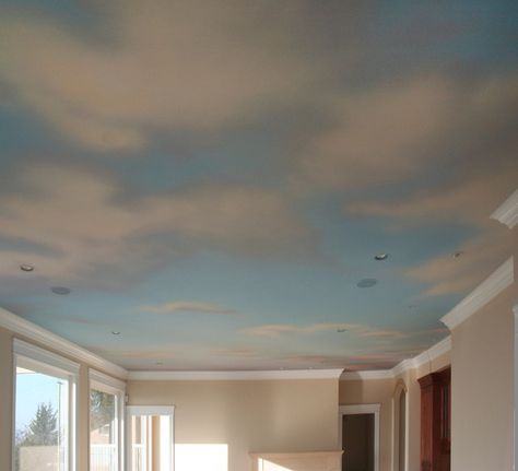 I know its cheesy, but I love painted clouds on the ceiling. Ceiling Texture Types, Ceiling Paint Colors, Cloud Ceiling, Sky Ceiling, Ceiling Painting, Ceiling Texture, Ceiling Murals, Ceiling Art, Bedroom Ceiling