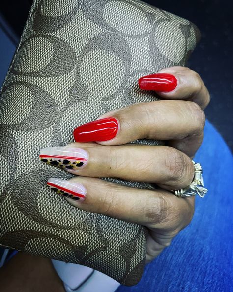 Acrylic nails, 
Red nails, Leopard print nails, coffin shaped nails Red And Leopard Print, Red And Leopard, Leopard Print Nails, Leopard Nails, Print Nails, Hair Skin And Nails, Hair Skin, Nail Inspo, Red Wine