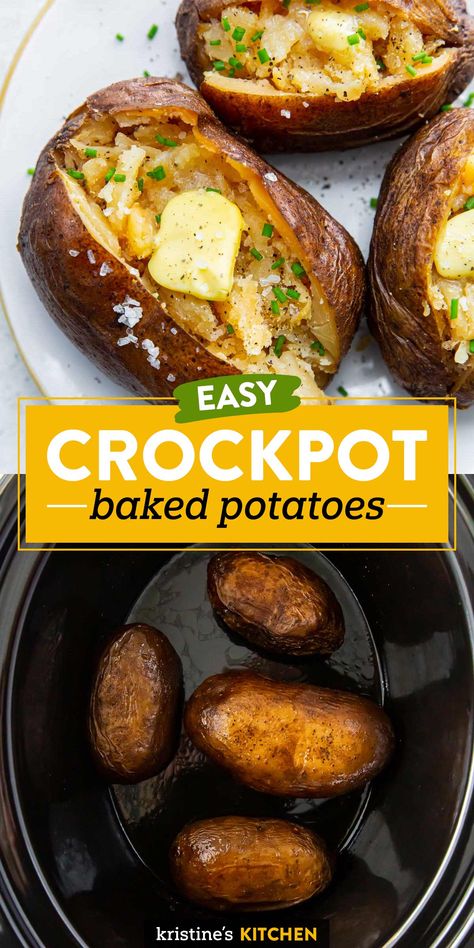 These Crock Pot Baked Potatoes are an easy way to make perfect fluffy baked potatoes! You'll love these when you need a make ahead option for dinner. You can serve the baked potatoes straight from the slow cooker, or put them under the broiler to crisp the skins before serving. Easy Crockpot Baked Potatoes, Baked Potato In Crockpot, How To Bake Potatoes In Crockpot, Slow Cooked Baked Potatoes, Twice Baked Potatoes Crockpot Crock Pot, How To Make Baked Potatoes In Crockpot, Baked Potatoes In Crockpot Slow Cooker, Baking Potatoes In Crock Pot, How To Cook Baked Potatoes In Crockpot