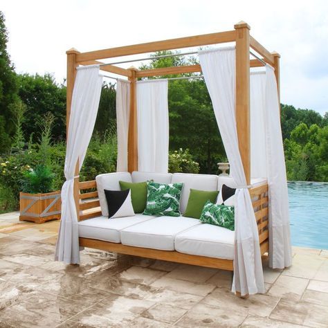 Vista lounge cabana with curtains in Oyster Canopy Over Bed, Canopy Ceiling, Beach Bed, Deck Canopy, Poolside Furniture, Canopy Architecture, Canopy Curtains, Canopy Bedroom, Backyard Canopy