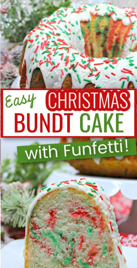 Best Family Desserts, Funfetti Christmas Cake, Funfetti Bundt Cake Recipes, Christmas Desserts Bundt Cakes, Grinch Baking Recipes, Christmas Bunt Cakes Holiday Desserts, Easy Christmas Birthday Cake, Grinch Bundt Cake, Christmas Funfetti Bread