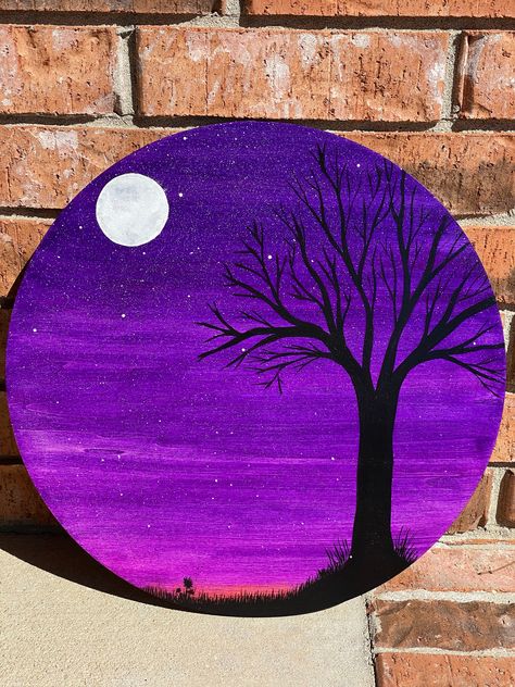 This is a hand painted 16" wood round, custom orders available. Drawings Of Sunsets, Wood Round Painting Ideas, Round Painting Ideas, Purple Sunset Painting, Painting Acrylic Easy, Round Painting, Diy Canvas Art Easy, Bird Painting Acrylic, Sunset Canvas Painting