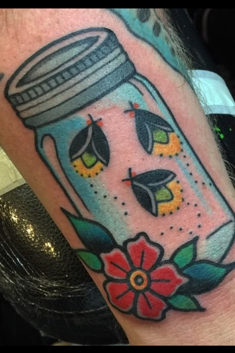 Mason Jar Tattoo, Jar Tattoo, Holy Tattoos, Firefly Jar, Firefly Tattoo, Knuckle Tattoos, Tattoo Ideas Easy, Traditional Sleeve, Bug Tattoo