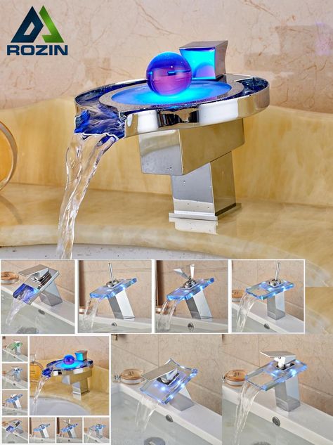 [Visit to Buy] LED RGB Colors Basin Sink Faucet Deck Mount Waterfall Brass Bathroom Vessel Sink Mixer Tap Chrome Finish #Advertisement Octopus Bathroom, Led Light Bathroom, Led Faucet, Waterfall Taps, Water Power, Waterfall Bathroom, Basin Sink Bathroom, Waterfall Faucet, Shower Faucet Sets