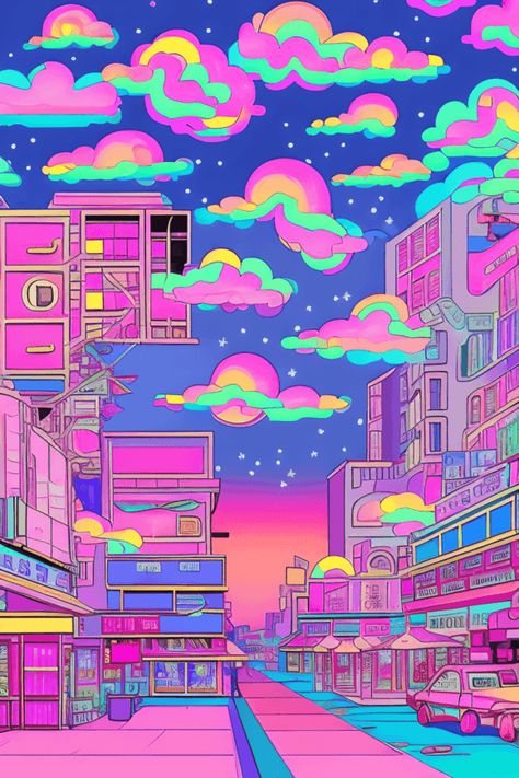 Aesthetic Collage Drawing Ideas, Simple Art Background Ideas, City Background Art, Rainbow Pixel Art, Vaporwave City, Candy City, Cartoon Printable, Messy Journal, Japanese Vaporwave