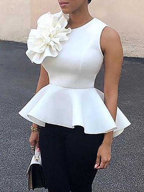 Pepulam Tops, Peplum Shirt Outfit, Peplum Tops For Women, White Peplum Top, Floral Blouses, Peplum Tops, Classy Dress Outfits, African Print Fashion Dresses, Latest African Fashion Dresses