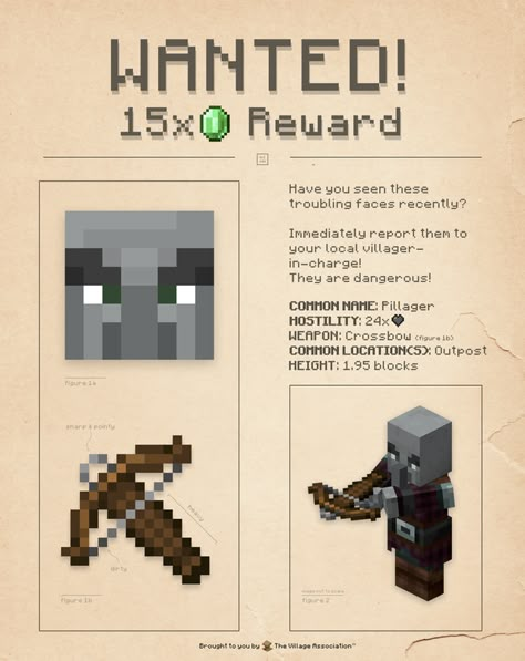 Simple "Wanted!" Poster for Armed Pillagers - Minecraft Minecraft Pillagers, Minecraft Dnd, Minecraft Poster, Minecraft Building Blueprints, Minecraft Comics, Tupperware Consultant, Tupperware Recipes, Minecraft Banner Designs, Minecraft Banners