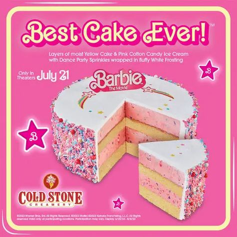 Barbie-inspired Best Cake Ever! Now Available at Cold Stone Creamery No Bake Desert, Fluffy White Frosting, Red Birthday Cake, Moist Yellow Cakes, Red Birthday Cakes, Barbie Movie 2023, Cold Stone Creamery, Best Cake Ever, Cold Stone