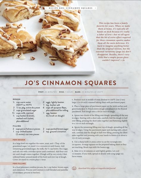 Cinnamon Squares, Magnolia Table Recipes, Joanna Gaines Recipes, Magnolia Journal, Square Recipes, Magnolia Table, Cooking Basics, Roll Cake, Sweet Roll