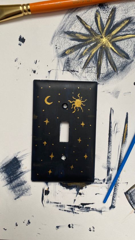 Painting On Light Switch, Moon And Stars Room Aesthetic, Light Switch Cover Painting Ideas, Light Switch Art Diy, Painting Ideas On Light Switch, Diy Light Switch Cover Ideas Paint, Diy Painted Light Switch Covers, Painted Outlet Covers Diy, Hand Painted Light Switch Covers