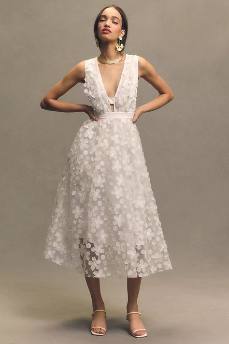 BHLDN Stevie Sleeveless V-Neck Floral Appliqué A-Line Midi Dress | Anthropologie White Bridal Shower Dress, Casual Wedding Dresses, White Bridal Shower, Anthropologie Wedding, Rehearsal Dinner Dresses, Bridal Shower Dress, Bridal Event, Casual Wedding Dress, Shower Dresses