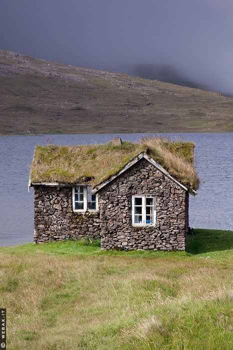 Stone house, sod roof. Sandoy, Faroe Islands Sod Roof, Grass Roof, Stone Cottages, Cottage Cabin, Stone Cottage, Cabins And Cottages, Old Stone, Stone Houses, Stone House