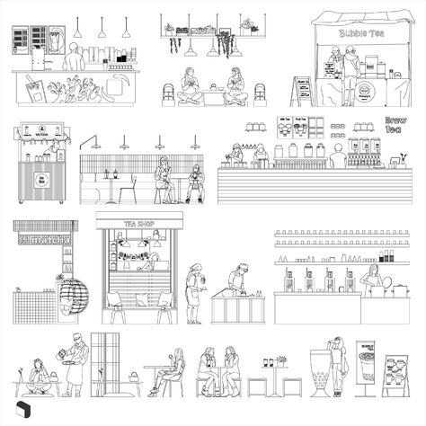 Cad Boba & Matcha Bar People DWG | Toffu Co Boba Matcha, Bar Architecture, Matcha Bar, Section Drawing Architecture, Bar Section, Workshop Furniture, Matcha Bars, Cad Blocks Free, Rendered Floor Plan