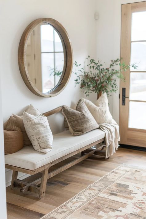 Looking to create a welcoming entryway in your home? Check out these delightful farmhouse entryway bench ideas that will transform your space into a cozy haven. From rustic wood finishes to inviting cushion designs, these benches add both style and comfort. Make your entryway more attractive for guests with unique décor elements and practical touches. Find inspiration to enhance your space with farmhouse flair. Let your home greet friends and family with warmth and character today! New Home Entryway Ideas, Front Hall Bench Entryway, Entryway Benches Ideas, Entry Way Bench Styling Farmhouse, Farmhouse Entryway Decor Ideas, Chair In Entryway, Benches For Entryway, Entryway Bench With Mirror, Entry Living Room Ideas