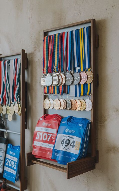 An elegant display setup featuring race bibs and medals in a stylish frame on a modern wall. Diy Medal Display, Running Bib Display, Medal Display Ideas, Diy Medal, Race Bib Display, Bib Display, Race Bib Holder, Race Medal Displays, Marathon Medal Display