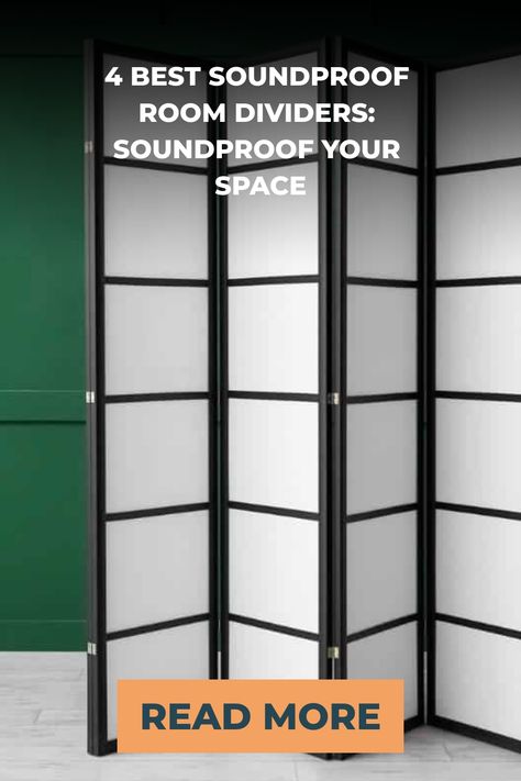 Soundproof room divider with a black frame and white panels against a green wall, promoting an article on the best soundproof room dividers. Soundproof Room Divider, Sound Proof Room Divider, Sound Proofing A Room, Sound Proof Curtains, Temporary Door, Temporary Room Dividers, Office Dividers, Portable Room Dividers, Sound Wall