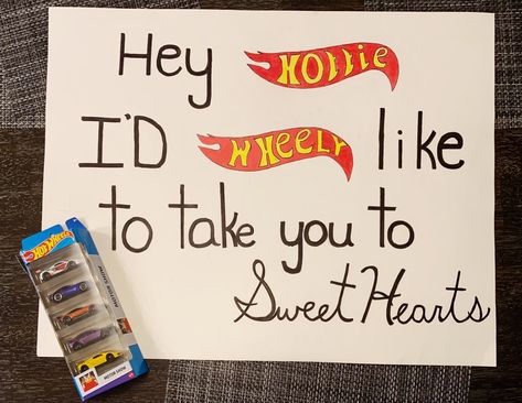 Hot Wheels Dance Proposal, Hot Wheels Promposal Ideas, Hot Wheel Promposal, Hot Wheels Hoco Proposal, Hot Wheels Promposal, Promposal Response, Hot Wheels Poster, Prom Funny, Dance Asks