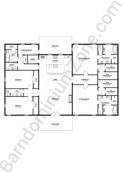 Stunning Barndominium Floor Plans With 2 Master Suites His And Her Master Suites, Floor Plan With Two Master Suites, Minimalist Barndominium, 2 Master Suite Barndominium, 2 Master Bedrooms House Plans, Barndominium With Inlaw Suite, House Plans With 2 Master Suites, 2 Master Suite House Plans, Dual Master Suite House Plans