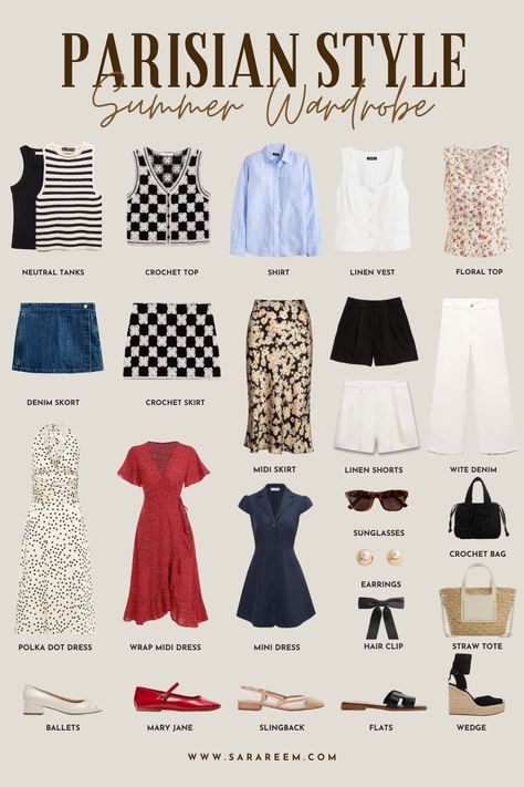 French Woman Aesthetic Outfit, Summer French Outfits Parisian Chic, Capsule Wardrobe Parisian, Parisian Summer Outfits French Style, French Women Style Outfits Parisian Chic, Paris Capsule Wardrobe Summer, Summer In Paris Outfit Parisian Chic, How To Dress Like A Parisian Woman, Paris Trip Outfits Summer