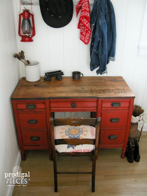 Farmhouse Rustic Red Desk by Prodigal Pieces | www.prodigalpieces.com Refinish Roll Top Desk, Barnwood Desk, Mudroom Farmhouse, Attic Lounge, Mahogny Desk, Dyi Rustic Desk, Reclaimed Barnwood Desk, Dining Farmhouse, Refurbished Desk