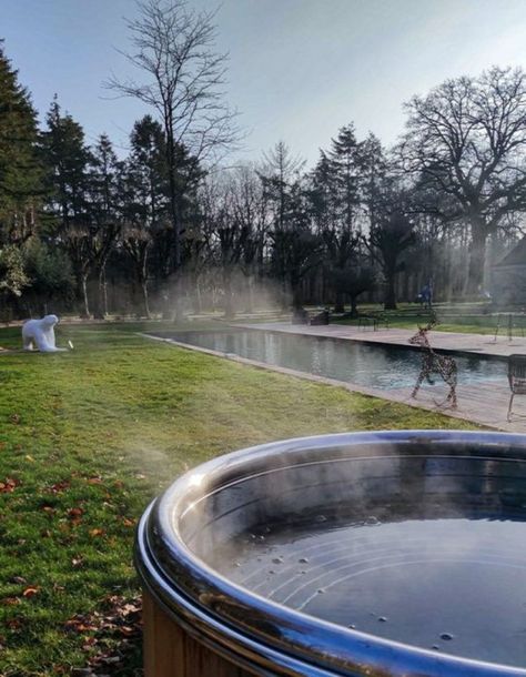 Outdoor stainless steel spa Metal Hot Tub, Stainless Steel Hot Tub, Round Hot Tub, Luxury Hot Tubs, Outdoor Tub, Steel Tub, Outdoor Spa, The Public, Plein Air