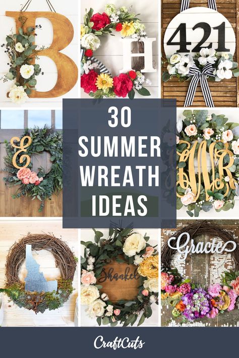 Browse through the 30 Best Summer Wreath Ideas to find your inspiration. | CraftCuts.com Letter Wreaths For Front Door, Paint Stick Flag, Summer Wreath Ideas, Stick Wreath, Mason Jar Door Hanger, Letter Wreath, Patriotic Door Hanger, Initial Wreath, Monogram Door Hanger