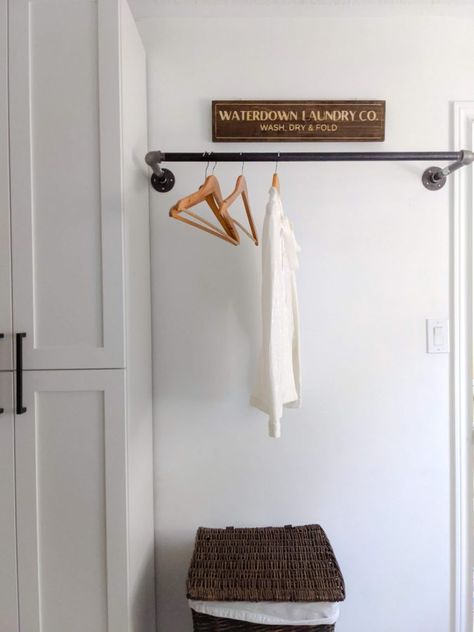 Hanging Rods In Laundry Room, Laundry Storage Cabinet, Closet Rods, Laundry Room Closet, Clothes Rod, Sleep Early, Storage Idea, Laundry Room Remodel, Laundry Decor