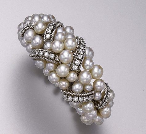 David Webb Diamond and Pearl Bracelet Luxury Gold Pearl Bracelet With Diamond, Luxury Silver Pearl Bracelet With Diamonds, Luxury White Pearl Bracelet With Diamonds, Luxury Diamond Pearl Bracelet Bangle, Luxury Vintage Pearl Bracelet, Fine Pearl Jewelry, Cultured Pearl Bracelet, David Webb, Diamond Bangle