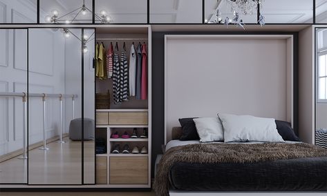 A multifunctional wardrobe with a Murphy bed creates the perfect space-saving wardrobe idea. Wardrobe Ideas For Small Rooms, Space Saving Wardrobe Ideas, Small Bedroom Space Saving, Small Room Wardrobe Ideas, Bedroom Space Saving, Space Saving Wardrobe, Sleek Wardrobe, Wardrobe Images, Dressing Unit