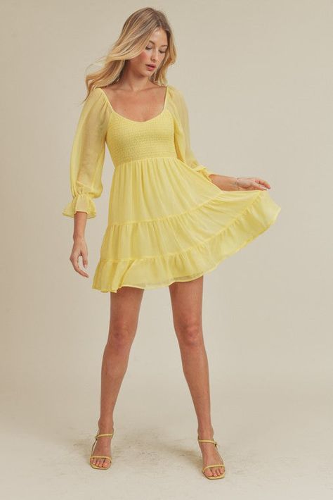 Yellow Dress With Sleeves, Short Ruffle Dress, Tiered Mini Dress, Yellow Outfit, School Dresses, Early Spring Outfits, Grad Dresses, Smocked Dress, Layer Dress