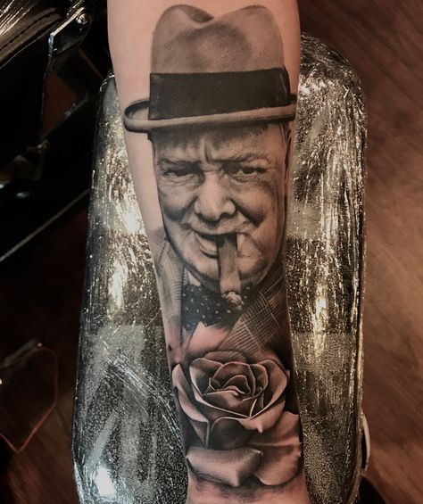 Winston Churchill (healed) and rose by Lou Bragg Winston Churchill Tattoo, Churchill Tattoo, Ww2 Art, Salvation Tattoo, Army Tattoos, Remembrance Sunday, Leg Sleeves, Winston Churchill, Art And Illustration