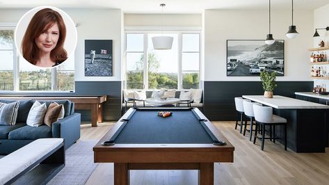 House & Home - How To Design A Basement Games Room Living Room With Pool Table, Wet Bar Island, Blue Wet Bar, Basement Games Room, Dark Shiplap, Intimate Living Interiors, Pool House Bathroom, Pool Table Room, Basement Games