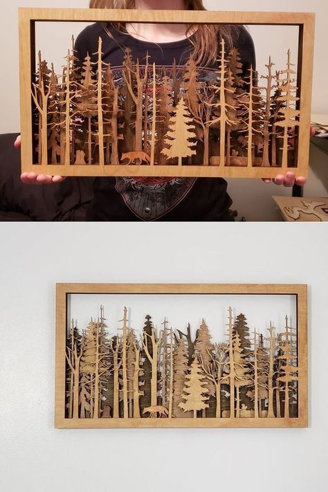 Mountain Wood Art, Wood Laser Ideas, Laser Cut Decor, Woodcut Art, Carved Wood Wall Art, Laser Cut Wood Crafts, Art Interior Design, Laser Engraved Ideas, Layered Art