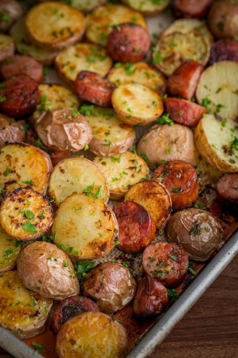 Roasted Potatoes And Kielbasa, Kolbassi Recipes, Sheet Pan Kielbasa And Potatoes, Roasted Potatoes And Sausage, Potatoes And Kielbasa, Potatoes Kielbasa, Kilbasa Sausage Recipes, Pan Roasted Potatoes, Potatoes And Sausage