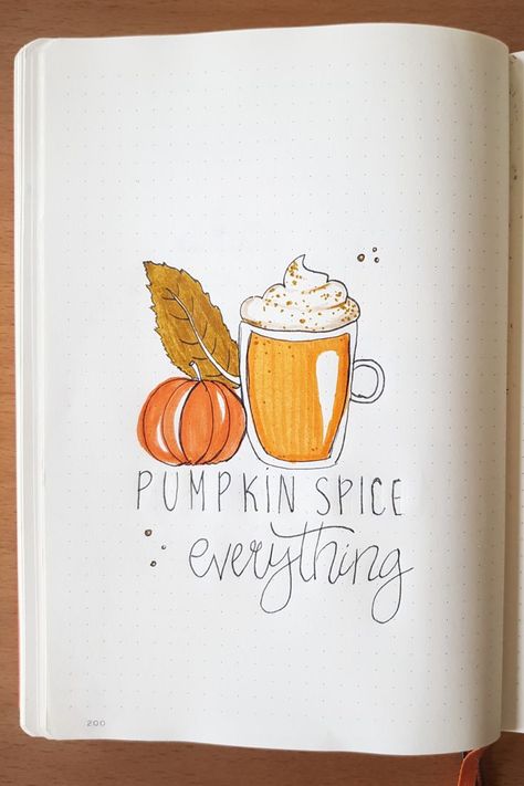 Pumpkin Spice Doodle, Pumpkin Journal Ideas, October Notebook Ideas, Fall Bujo Ideas, Autumn Bujo Ideas, Autumn Bullet Journal Ideas, Pumpkin Spice Drawing, October Bujo Ideas, November Bujo Ideas