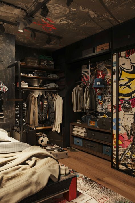 Streetwear Room Design Street Bedroom Aesthetic, Streetwear Room Ideas, Dressing Room Aesthetic, Streetwear Room, Vintage Grunge Aesthetic, Street Room, Room Ideas Men, Mens Room Decor, Mens Room