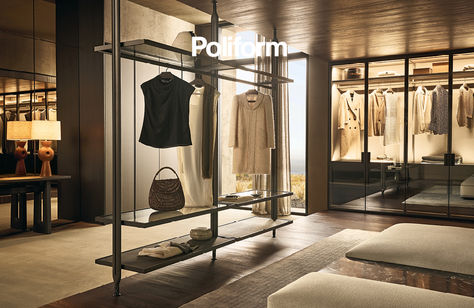 A wardrobe area where the classic wardrobes with glass doors stand together with the upright night system, in a special ceiling configuration. Dresses and accessories remain visible, to complete a picture of taste and style. In this photo: Lexington walk-in closet, by R&D Poliform, mat ardesia floor-ceiling uprights and levelling feet in nickel ardesia. Senzafine Plus glass wardrobe, design R&D Poliform, leaf doors in reflective transparent glass with mat ardesia frame, Plus ardesia handles. Chest Of Drawers Design, Glass Wardrobe, Contemporary Closet, Jean Marie Massaud, Trouser Hangers, Slate Wall, Walk In Closets, Chests Of Drawers, Contemporary Furniture Design