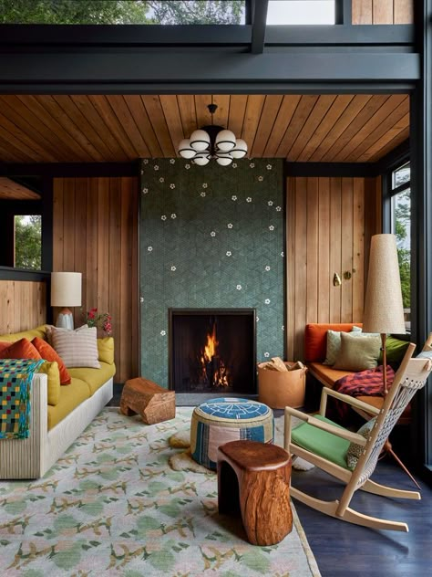 Inside a Vibrant Abode Where California Cool Meets the Scandinavian Summer Home | Architectural Digest Glass Tile Fireplace, Scandinavian Summer House, Commune Design, Bedroom Design Trends, Walnut Side Tables, Kitchen Bathroom Remodel, Design Remodel, Walnut Dining Table, California Cool