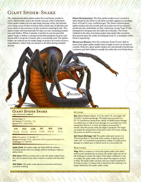 DND 5E Giant Spider Snake (Homebrew) UPDATED - Imgur Dnd Spider Monster, Dnd Creatures Homebrew, Dnd Snake, Dnd Monstrosity, Monsters Dnd, Spider Monster, 5e Monsters, Homebrew Monsters, Dnd Creatures