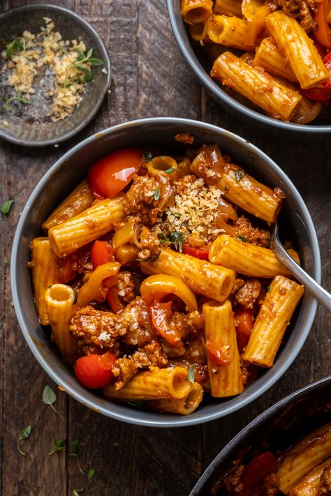 Sweet Pepper and Sausage Pasta - Wandering Chickpea Pepper And Sausage Pasta, Wandering Chickpea, Spicy Almonds, Sausage Pasta Recipes, Slow Roasted Tomatoes, Pepper Pasta, Chickpea Pasta, Sweet Pepper, Sausage Pasta