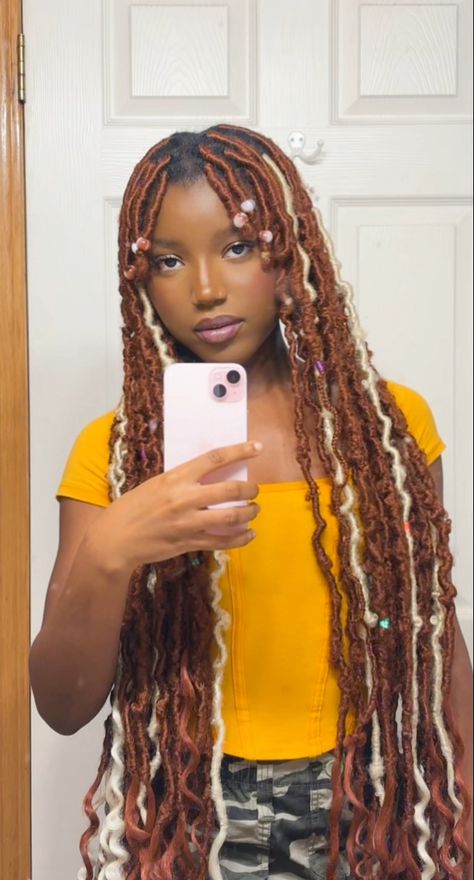 Ginger Faux Locs With Curls, Faux Locs With Curls At The End, Faux Locs With Curls, Locs With Curls, Locs Blonde, Ginger Locs, Blonde Locs, Ginger Blonde, Braided Hairstyles For School