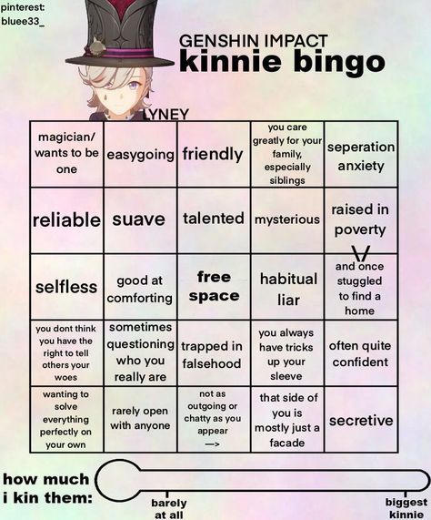 A kinnie bingo about Lyney from Genshin Impact. - Disclaimer: This bingo is only for fun and will not always be accurate nor entirely serious. - Another disclaimer: I do not own Hoyoverse or Genshin Impact. [This kin bingo will likely be edited later on, when we find more information out about Lyney. Keep in mind that because he was just released, this will not be accurate.] Kinnie Bingo Genshin Cyno, Mona Kinnie Bingo, Ayato Kinnie Bingo, Oh You Kin Genshin, Wanderer Kinnie Bingo, Genshin Impact Kin Bingo, Lyney Kinnie Bingo, Venti Kinnie Bingo, Genshin Kin Bingo