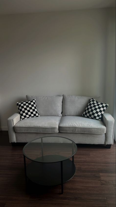 Couch For Apartment, Aesthetic Couch, Light Grey Couch, Grey Couch Decor, Checkered Pillows, Small Apartment Couch, Light Gray Couch, Retro Couch, Gray Couch