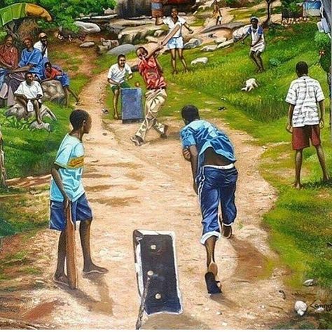 Do you remember this? Gully cricket-This made our cricketer the dominant force of yesteryear. If you our culture, beaches, people and our island, then become a fan of Beautiful Barbados Gully Cricket, Jamaican Art, Memory Drawing, Curry Goat, Childhood Memories Art, Childhood Memories 90s, Jamaican Culture, Child Hood, Caribbean Art