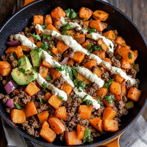 Quick and delicious Ground Beef and Sweet Potatoes Skillet, perfect for a healthy dinner. Ready in 30 minutes! Sweet Potato Recipes Ground Beef, Hamburger Sweet Potato Skillet, Ground Beef With Sweet Potatoes, Steak And Sweet Potato Dinners, Mediterranean Ground Beef Recipes, Ground Beef And Sweet Potato Recipes, Ground Beef Sweet Potato Recipes, Ground Beef Sweet Potato Skillet, Sweet Potato And Ground Beef