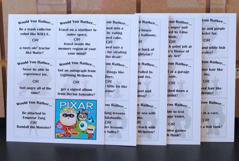 With the new Incredibles movie out, it's time to see how you can make your own Pixar-themed Would You Rather questions game at home. www.orsoshesays.com #pixar #disneypixar #wouldyourather #wouldyouratherquestionsgames #wouldyourathergame #incredibles #disney #osss Disney Would You Rather, Disney Would You Rather Questions, Pixar Movies Characters, Diy Condiments, Disney Cruise Fish Extender Gifts, Disney Questions, Disney Cruise Fish Extender, Elementary Stem Activities, Disney Activities