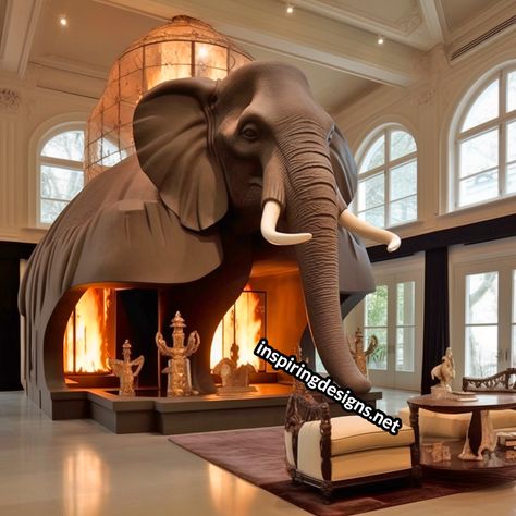 home Hotel Room Design Plan, Fireplace Drawing, Elephant Home Decor, Giant Animals, Tree House Plans, Wooden Fireplace, Concept Models Architecture, Modern Rustic Homes, Cute Furniture