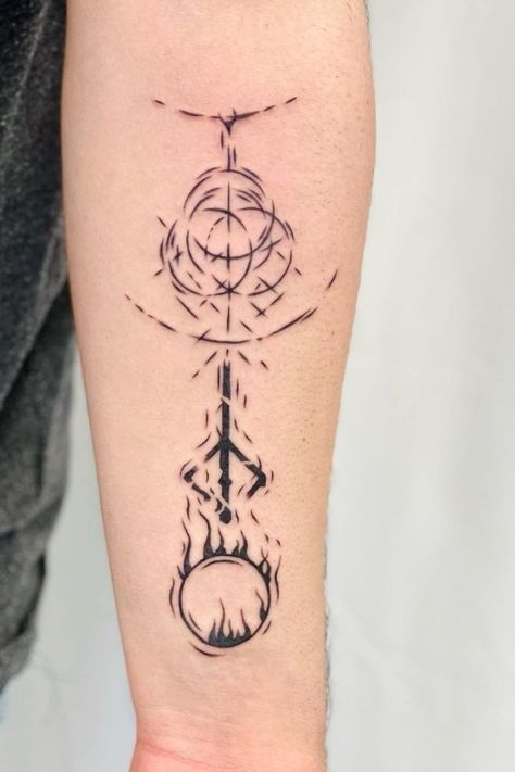 Abyss Watchers Tattoo, Dark Sign Tattoo, Bloodborne Tattoo Ideas, Soulsborne Tattoo, Elden Ring Tattoo Ideas, Dark Souls Tattoo Ideas, Necromancer Tattoo, Elden Ring Tattoo, Bloodborne Tattoo