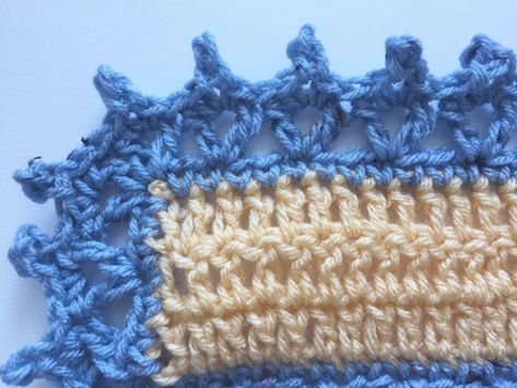 This free crochet edging pattern is a unique one using v-stitch and picots to create a wide border around blankets and other projects. Crochet Edging Patterns Free, Picot Crochet, Crochet Edging Pattern, Crochet Blanket Border, Crocheted Squares, Crochet Blanket Edging, Crochet Edging Patterns, Crochet Lace Edging, Crochet Lace Pattern